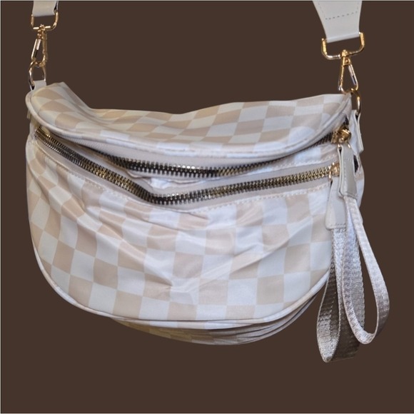 Beige Checkered Crossbody Bag Nylon Gold Hardware Adjustable Wide Strap Bum... - Picture 5 of 13